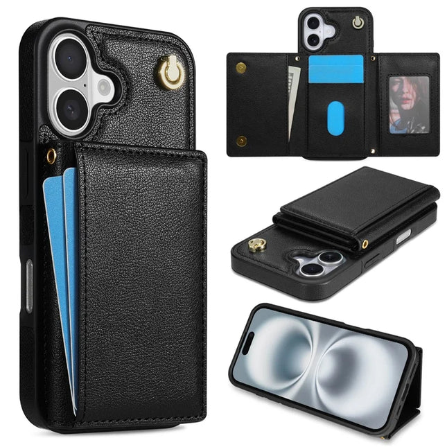 BKS-003 For iPhone 16 Plus Case Tri-Fold Card Holder Kickstand TPU+Leather Back Cover with Shoulder Strap - Black