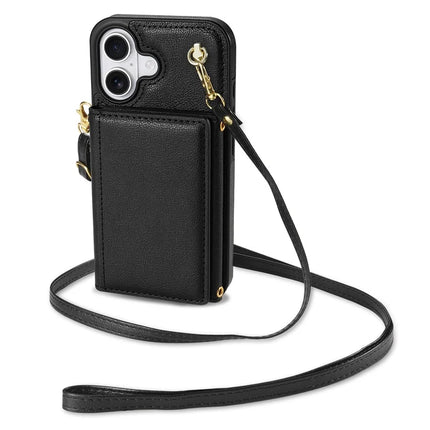 BKS-003 For iPhone 16 Plus Case Tri-Fold Card Holder Kickstand TPU+Leather Back Cover with Shoulder Strap