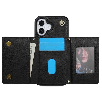 BKS-003 For iPhone 16 Plus Case Tri-Fold Card Holder Kickstand TPU+Leather Back Cover with Shoulder Strap