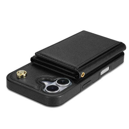 BKS-003 For iPhone 16 Plus Case Tri-Fold Card Holder Kickstand TPU+Leather Back Cover with Shoulder Strap