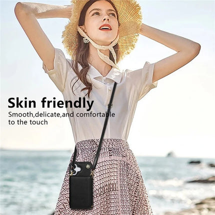 BKS-003 For iPhone 16 Plus Case Tri-Fold Card Holder Kickstand TPU+Leather Back Cover with Shoulder Strap