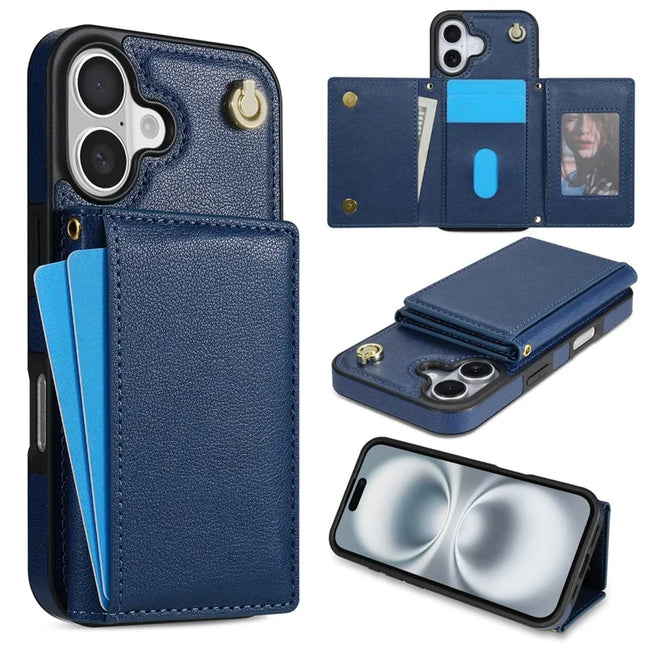 BKS-003 For iPhone 16 Plus Case Tri-Fold Card Holder Kickstand TPU+Leather Back Cover with Shoulder Strap - Blue