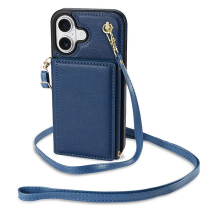 BKS-003 For iPhone 16 Plus Case Tri-Fold Card Holder Kickstand TPU+Leather Back Cover with Shoulder Strap