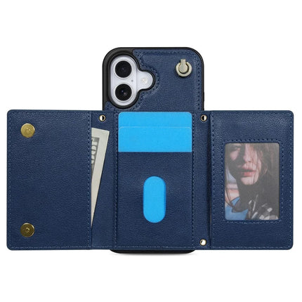 BKS-003 For iPhone 16 Plus Case Tri-Fold Card Holder Kickstand TPU+Leather Back Cover with Shoulder Strap