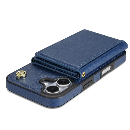 BKS-003 For iPhone 16 Plus Case Tri-Fold Card Holder Kickstand TPU+Leather Back Cover with Shoulder Strap