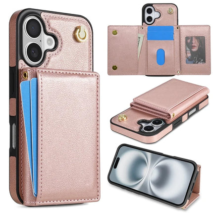 BKS-003 For iPhone 16 Plus Case Tri-Fold Card Holder Kickstand TPU+Leather Back Cover with Shoulder Strap - Pink