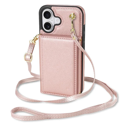 BKS-003 For iPhone 16 Plus Case Tri-Fold Card Holder Kickstand TPU+Leather Back Cover with Shoulder Strap