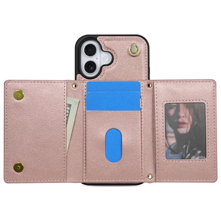 BKS-003 For iPhone 16 Plus Case Tri-Fold Card Holder Kickstand TPU+Leather Back Cover with Shoulder Strap