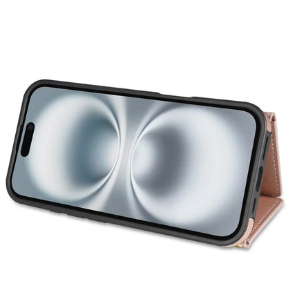 BKS-003 For iPhone 16 Plus Case Tri-Fold Card Holder Kickstand TPU+Leather Back Cover with Shoulder Strap