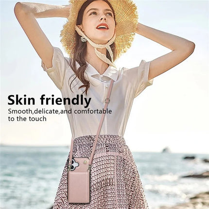 BKS-003 For iPhone 16 Plus Case Tri-Fold Card Holder Kickstand TPU+Leather Back Cover with Shoulder Strap
