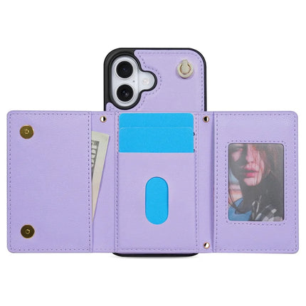 BKS-003 For iPhone 16 Plus Case Tri-Fold Card Holder Kickstand TPU+Leather Back Cover with Shoulder Strap