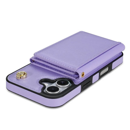 BKS-003 For iPhone 16 Plus Case Tri-Fold Card Holder Kickstand TPU+Leather Back Cover with Shoulder Strap