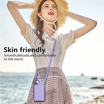BKS-003 For iPhone 16 Plus Case Tri-Fold Card Holder Kickstand TPU+Leather Back Cover with Shoulder Strap