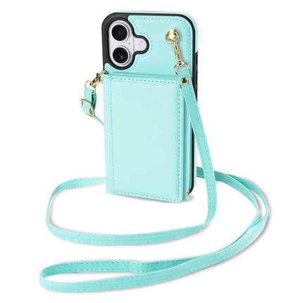 BKS-003 For iPhone 16 Plus Case Tri-Fold Card Holder Kickstand TPU+Leather Back Cover with Shoulder Strap