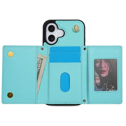 BKS-003 For iPhone 16 Plus Case Tri-Fold Card Holder Kickstand TPU+Leather Back Cover with Shoulder Strap