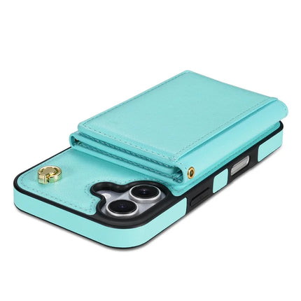 BKS-003 For iPhone 16 Plus Case Tri-Fold Card Holder Kickstand TPU+Leather Back Cover with Shoulder Strap