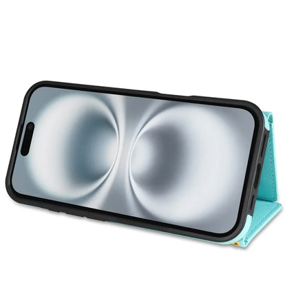 BKS-003 For iPhone 16 Plus Case Tri-Fold Card Holder Kickstand TPU+Leather Back Cover with Shoulder Strap