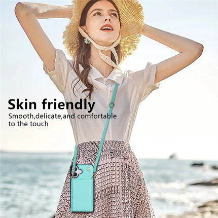 BKS-003 For iPhone 16 Plus Case Tri-Fold Card Holder Kickstand TPU+Leather Back Cover with Shoulder Strap