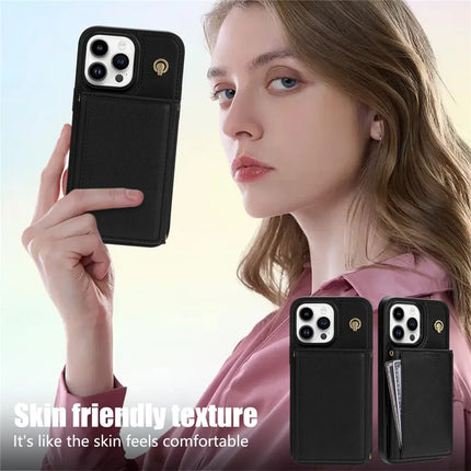 BKS-003 For iPhone 16 Pro Case Tri-Fold Card Holder Kickstand TPU+Leather Back Cover with Shoulder Strap