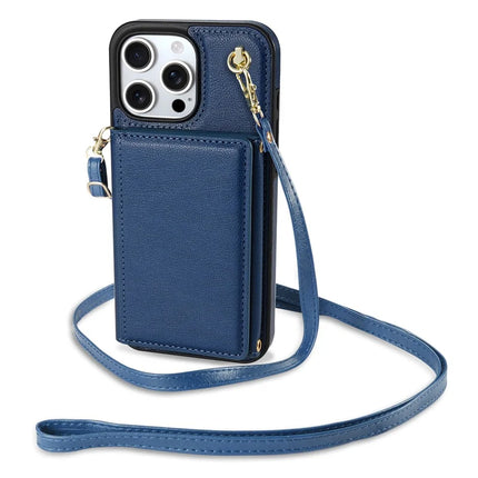 BKS-003 For iPhone 16 Pro Case Tri-Fold Card Holder Kickstand TPU+Leather Back Cover with Shoulder Strap