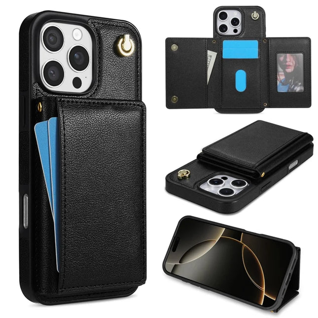 BKS-003 For iPhone 16 Pro Max Case Tri-Fold Card Holder Kickstand TPU+Leather Back Cover with Shoulder Strap - Black