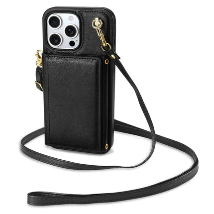 BKS-003 For iPhone 16 Pro Max Case Tri-Fold Card Holder Kickstand TPU+Leather Back Cover with Shoulder Strap