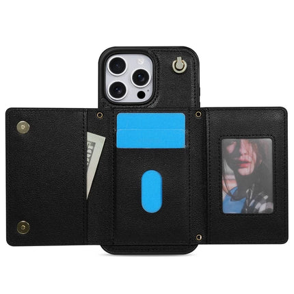 BKS-003 For iPhone 16 Pro Max Case Tri-Fold Card Holder Kickstand TPU+Leather Back Cover with Shoulder Strap