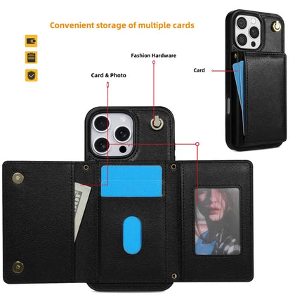 BKS-003 For iPhone 16 Pro Max Case Tri-Fold Card Holder Kickstand TPU+Leather Back Cover with Shoulder Strap