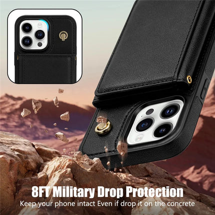 BKS-003 For iPhone 16 Pro Max Case Tri-Fold Card Holder Kickstand TPU+Leather Back Cover with Shoulder Strap