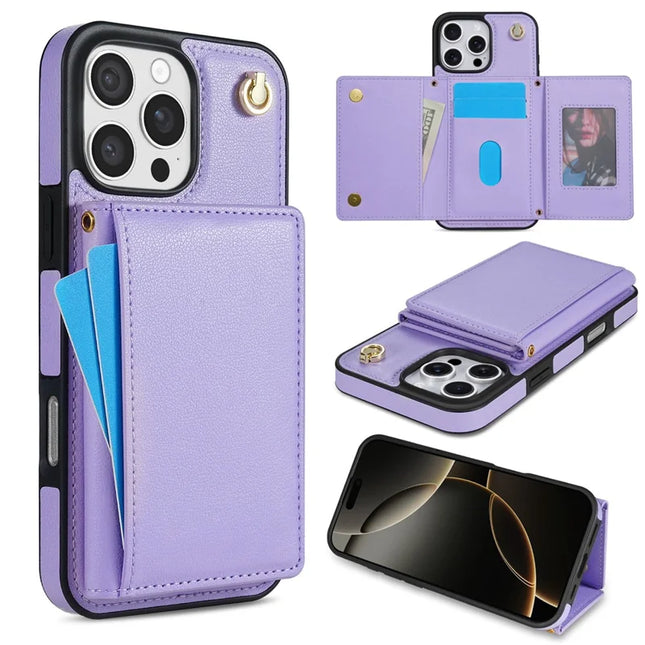 BKS-003 For iPhone 16 Pro Max Case Tri-Fold Card Holder Kickstand TPU+Leather Back Cover with Shoulder Strap - Purple
