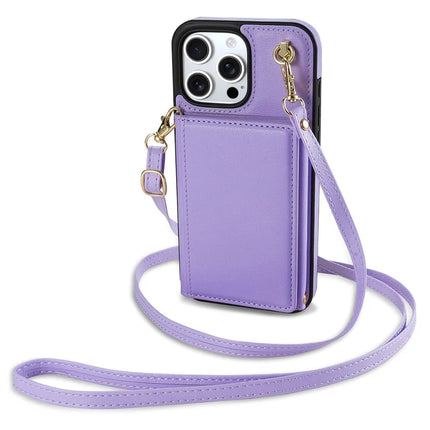 BKS-003 For iPhone 16 Pro Max Case Tri-Fold Card Holder Kickstand TPU+Leather Back Cover with Shoulder Strap