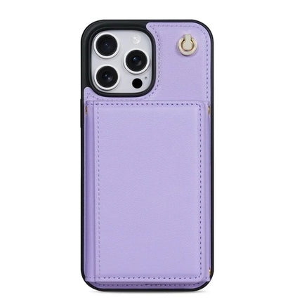 BKS-003 For iPhone 16 Pro Max Case Tri-Fold Card Holder Kickstand TPU+Leather Back Cover with Shoulder Strap