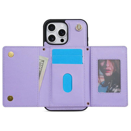 BKS-003 For iPhone 16 Pro Max Case Tri-Fold Card Holder Kickstand TPU+Leather Back Cover with Shoulder Strap