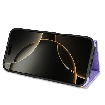 BKS-003 For iPhone 16 Pro Max Case Tri-Fold Card Holder Kickstand TPU+Leather Back Cover with Shoulder Strap