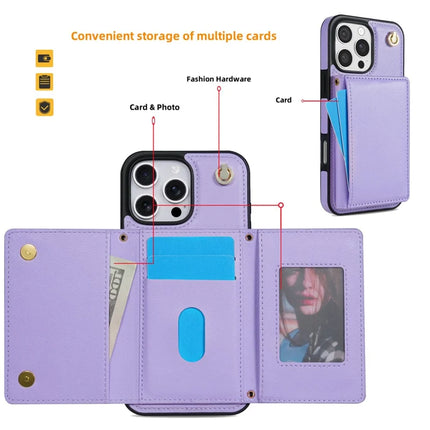 BKS-003 For iPhone 16 Pro Max Case Tri-Fold Card Holder Kickstand TPU+Leather Back Cover with Shoulder Strap