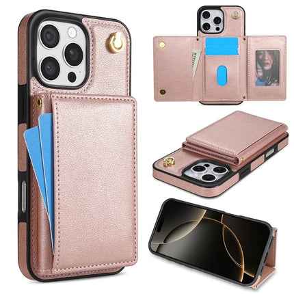 BKS-003 For iPhone 16 Pro Max Case Tri-Fold Card Holder Kickstand TPU+Leather Back Cover with Shoulder Strap - Pink