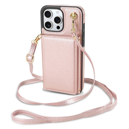 BKS-003 For iPhone 16 Pro Max Case Tri-Fold Card Holder Kickstand TPU+Leather Back Cover with Shoulder Strap