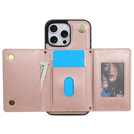 BKS-003 For iPhone 16 Pro Max Case Tri-Fold Card Holder Kickstand TPU+Leather Back Cover with Shoulder Strap