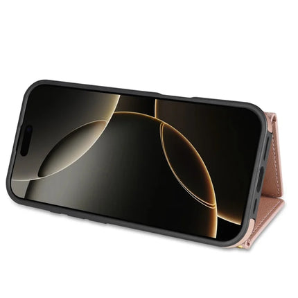 BKS-003 For iPhone 16 Pro Max Case Tri-Fold Card Holder Kickstand TPU+Leather Back Cover with Shoulder Strap