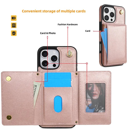 BKS-003 For iPhone 16 Pro Max Case Tri-Fold Card Holder Kickstand TPU+Leather Back Cover with Shoulder Strap