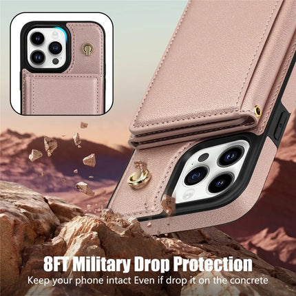 BKS-003 For iPhone 16 Pro Max Case Tri-Fold Card Holder Kickstand TPU+Leather Back Cover with Shoulder Strap