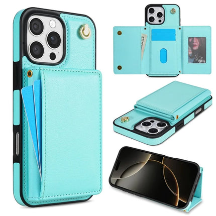 BKS-003 For iPhone 16 Pro Max Case Tri-Fold Card Holder Kickstand TPU+Leather Back Cover with Shoulder Strap - Green