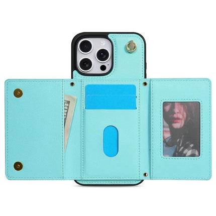 BKS-003 For iPhone 16 Pro Max Case Tri-Fold Card Holder Kickstand TPU+Leather Back Cover with Shoulder Strap