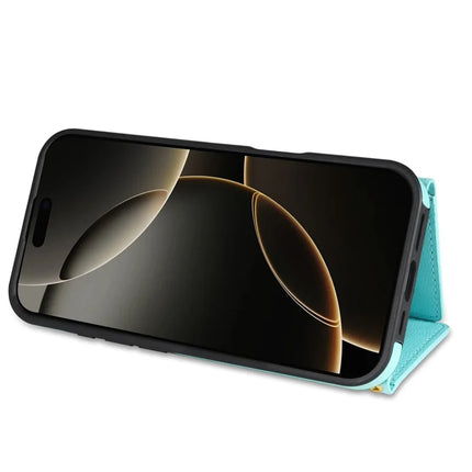 BKS-003 For iPhone 16 Pro Max Case Tri-Fold Card Holder Kickstand TPU+Leather Back Cover with Shoulder Strap
