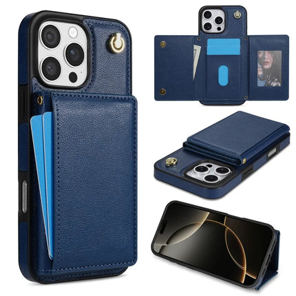 BKS-003 For iPhone 16 Pro Max Case Tri-Fold Card Holder Kickstand TPU+Leather Back Cover with Shoulder Strap - Blue