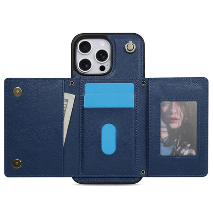 BKS-003 For iPhone 16 Pro Max Case Tri-Fold Card Holder Kickstand TPU+Leather Back Cover with Shoulder Strap