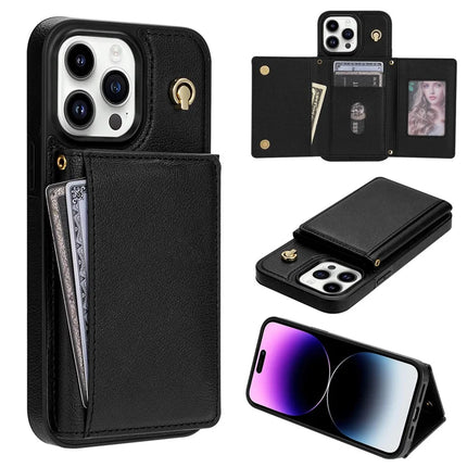BKS-003 For iPhone 15 Pro Max Case Tri-Fold Card Holder Kickstand TPU+Leather Back Cover with Shoulder Strap - Black