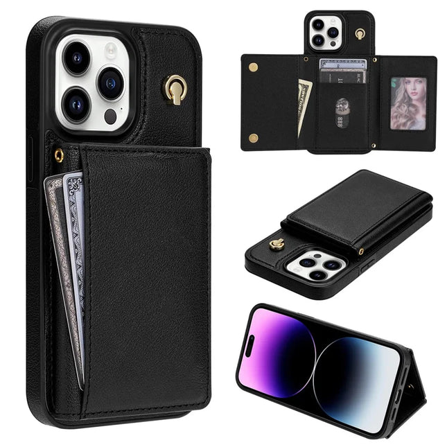 BKS-003 For iPhone 15 Pro Max Case Tri-Fold Card Holder Kickstand TPU+Leather Back Cover with Shoulder Strap - Black