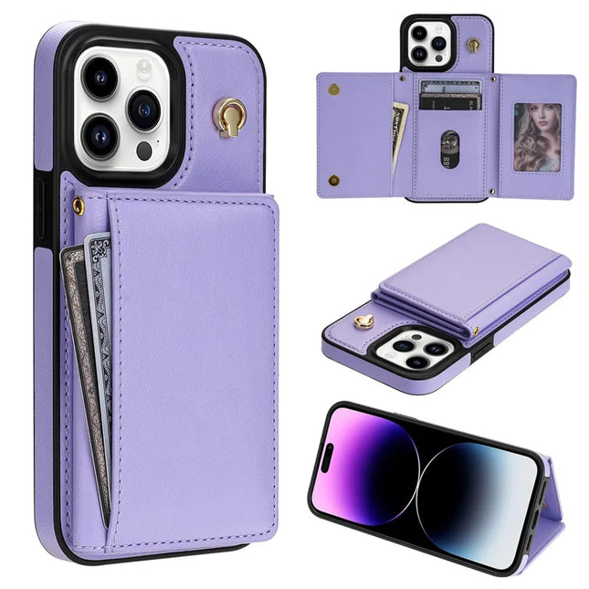 BKS-003 For iPhone 15 Pro Max Case Tri-Fold Card Holder Kickstand TPU+Leather Back Cover with Shoulder Strap - Purple