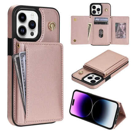 BKS-003 For iPhone 15 Pro Max Case Tri-Fold Card Holder Kickstand TPU+Leather Back Cover with Shoulder Strap - Pink